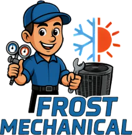 Frost Mechanical mascot: a technician holding gauges and a wrench next to an AC unit